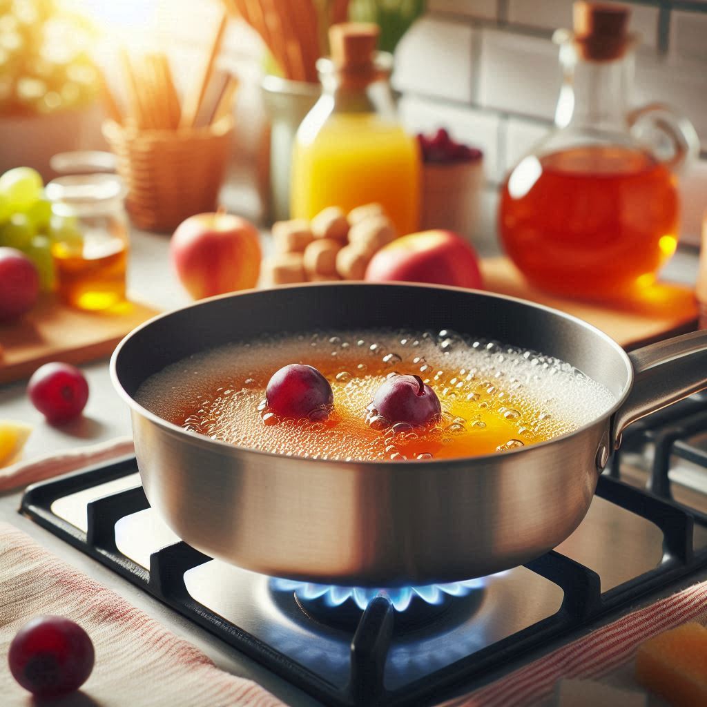 a saucepan on a gas stove with fruit juice and sugar, focusing on the syrup in the pan tastyfry.in