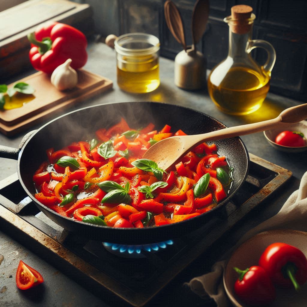 a skillet on the stove with diced red bell pepper and olive oil tastyfry.in