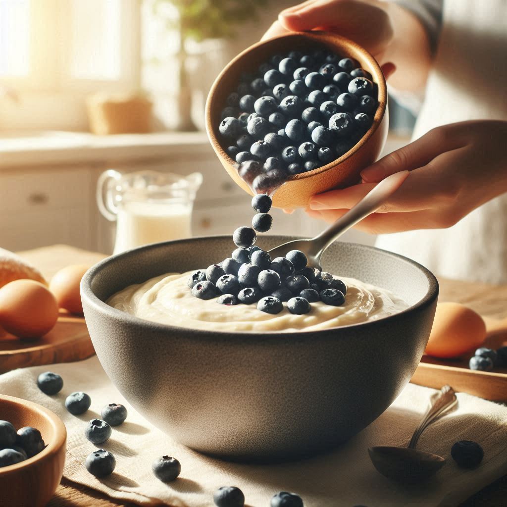 adding blueberries into pancakes mixture tastyfry.in