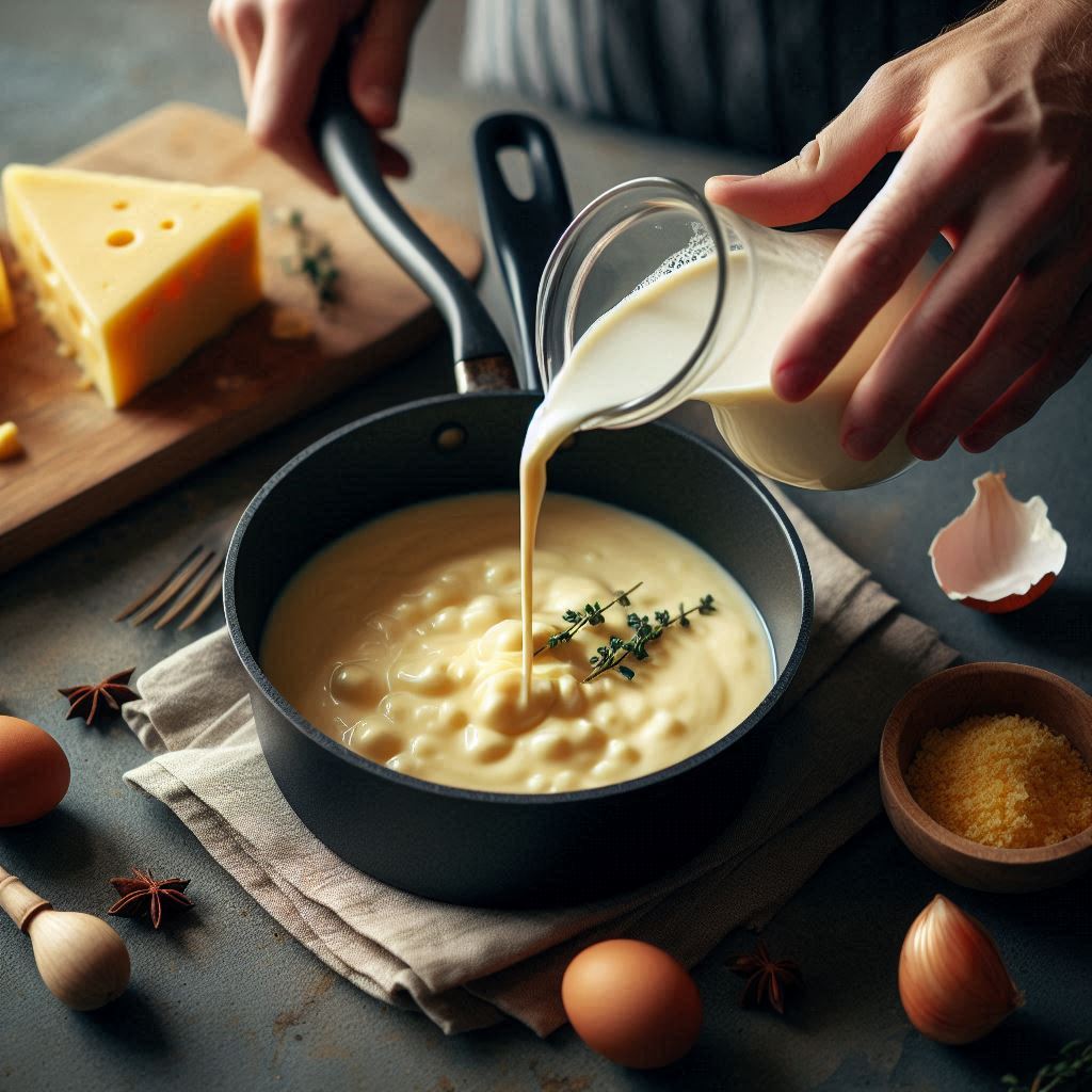 adding milk to cheese sauce in a pan, focusing on hand and pan tastyfry.in