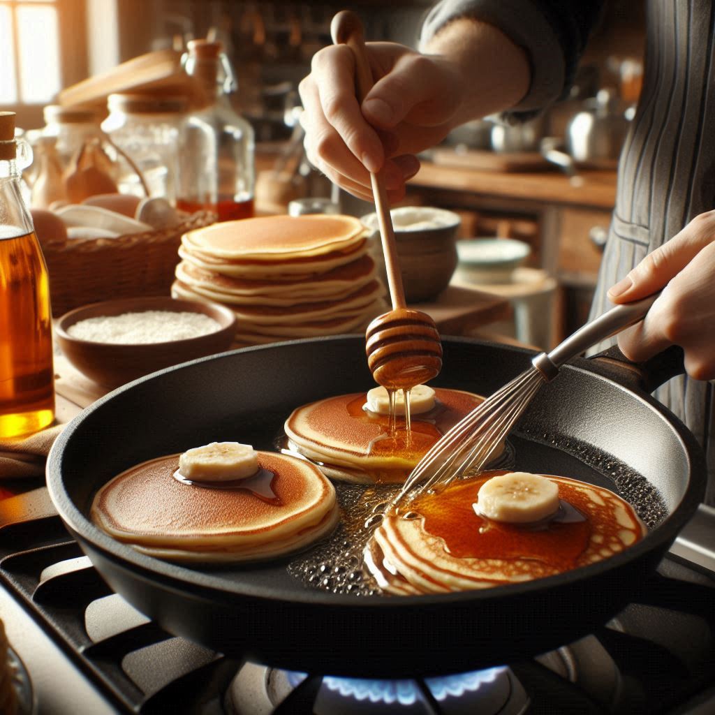 cooking pancakes in skillet on stove, focus on skillet tastfry.in