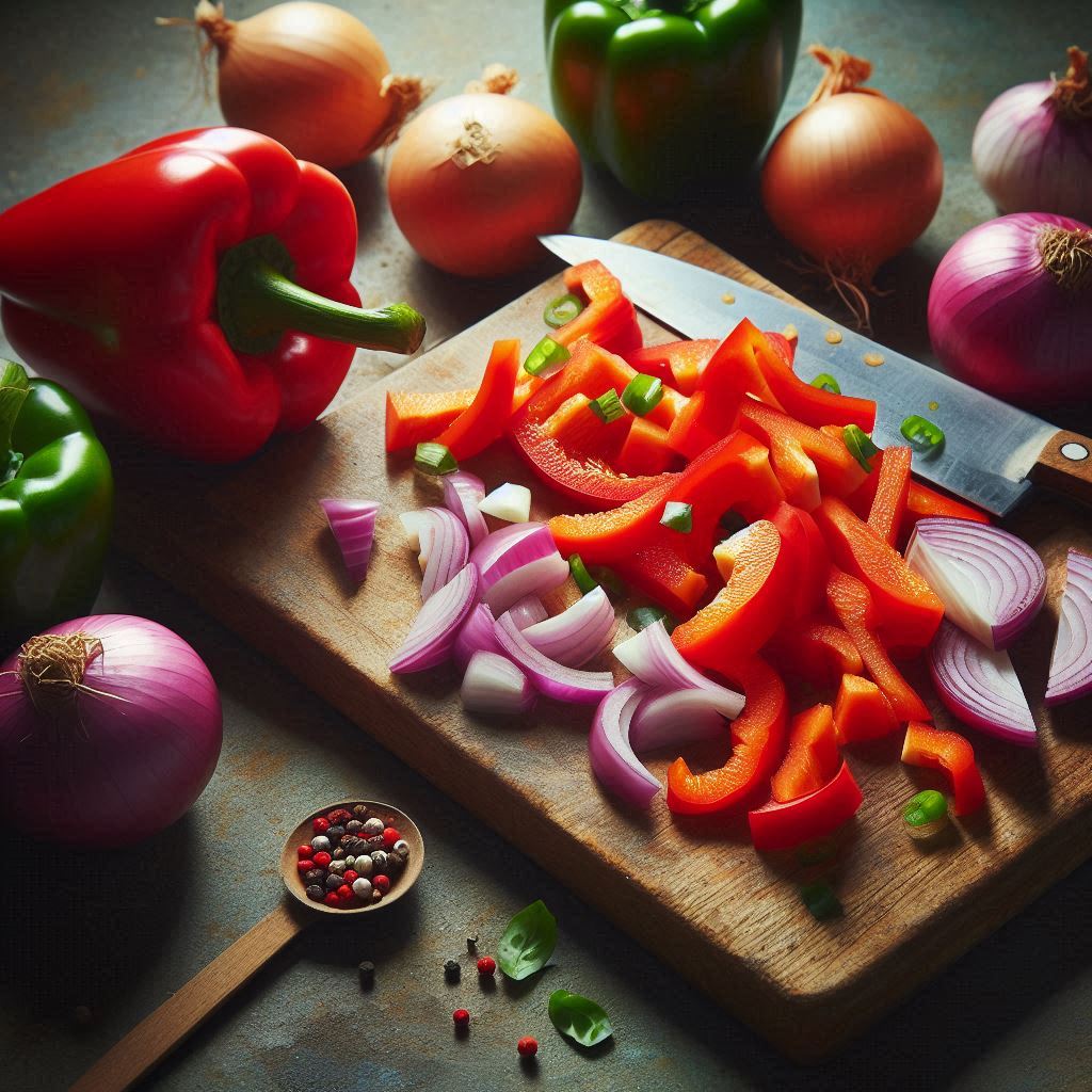 dice the red bell pepper and chop red onion tastyfry.in