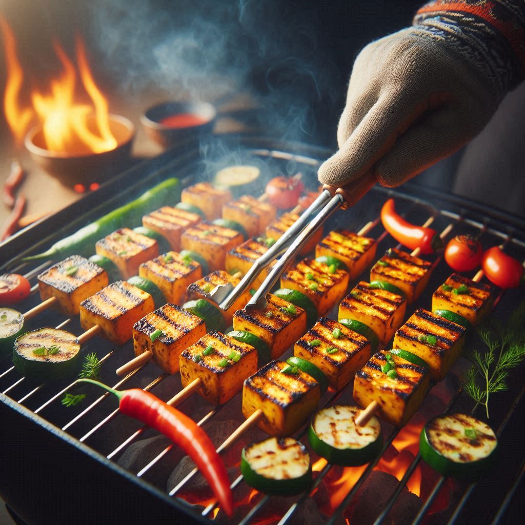 grilling the paneer tikka in bbq image focus in grill tastyfry.in