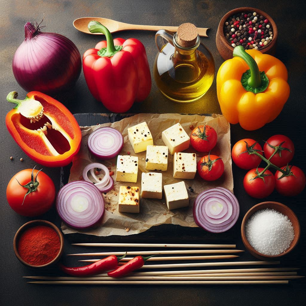 ingredients for Paneer Tikka BBQ with 200g paneer, one bell pepper, one red onion, one tomato, and skewers tastyfry.in