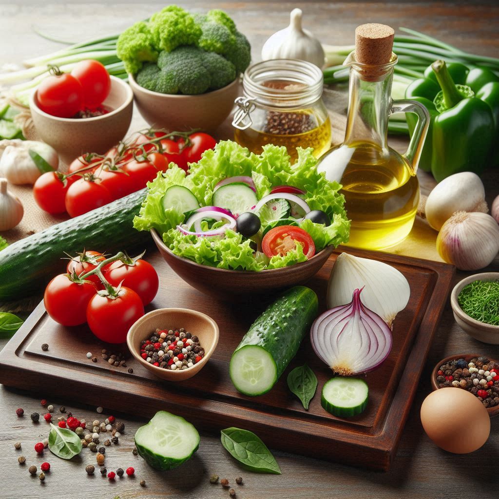 ingredients of Salad and Vinaigrette on a kitchen table tastyfry.in