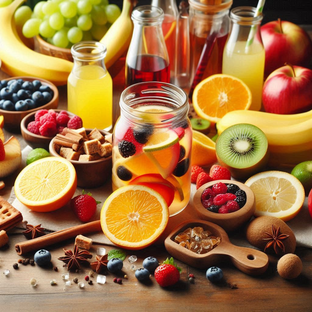 ingredients of fruit punch soda on a kitchen table tastyfry.in