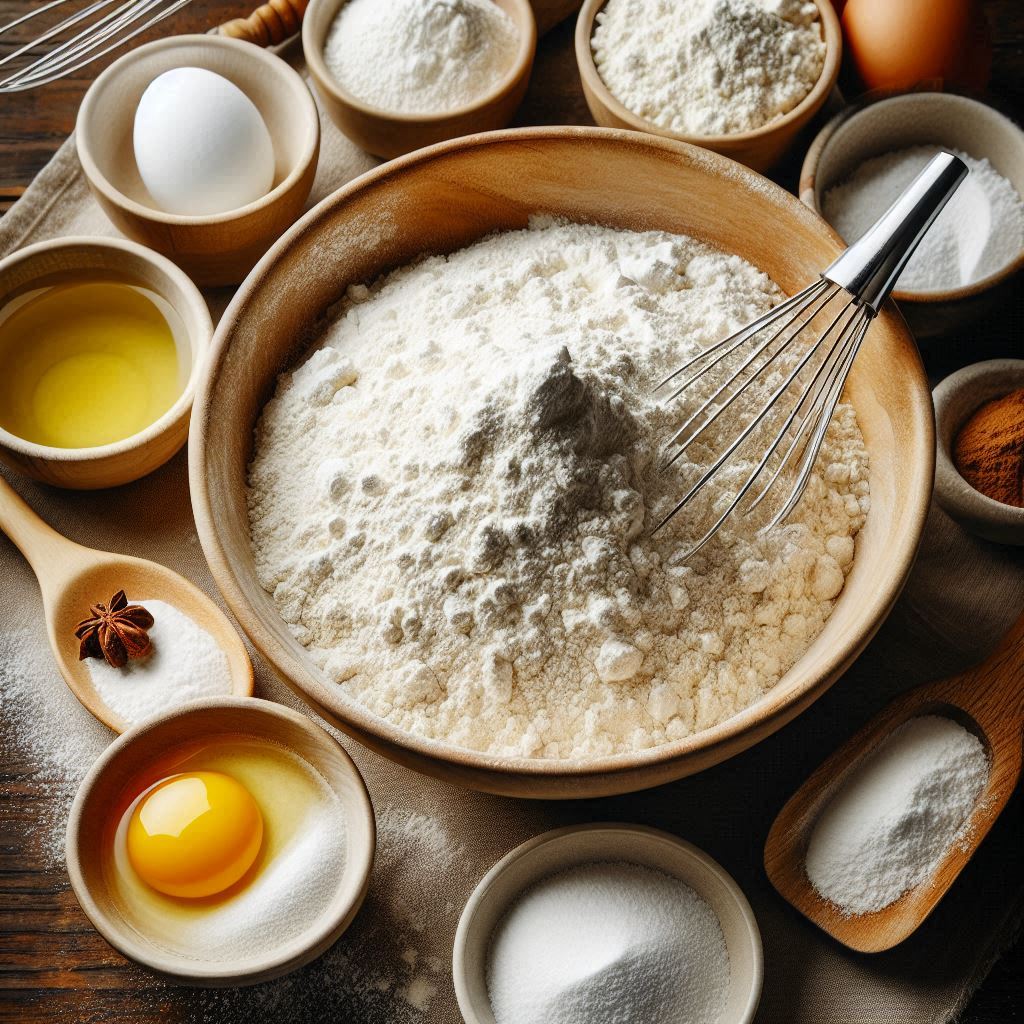 mixing dry ingredients in a large bowl with flour, sugar, baking powder, and salt tastyfry.in