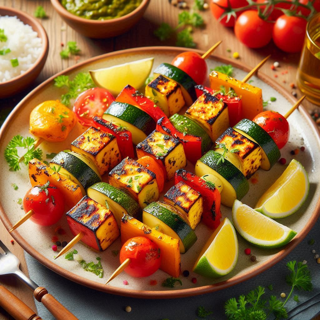 paneer tikka with vegetables in skewers on a plate tastyfry.in