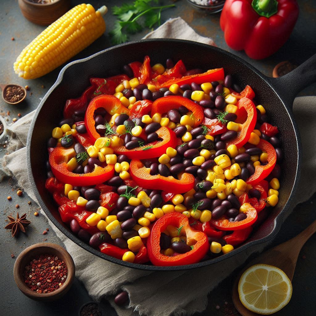 skillet cooked red bell pepper, black beans, and corn kernels tastyfry.in